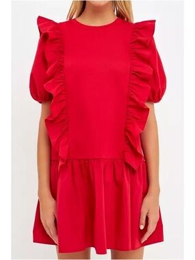 English Factory Red Mixed Media Ruffle Puff Sleeve Mini Dress EUC